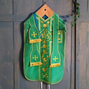 Beautiful Antique Irish Made Embroidered Green & Yellow Chasuble Maniple & Stole (SOLD)