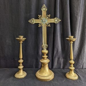 Traditional Ornate Styled Brass Altar Cross with Lamb of God Roundel & Matching Candlestick Set (SOLD)