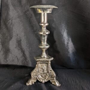 Silver Coloured Metal Religious Candlestick with BVM Three Sided Base (SOLD)