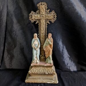 Unusual & Touching Antique French Golgotha Statue with Ornate Cross & Mary with St John (SOLD)
