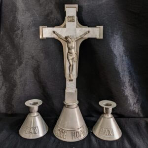 1950's Deco Vintage Ecce Homo Altar Cross & Candlestick Set in Faux Mother of Pearl (SOLD)