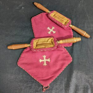 Two Vintage Church Collection Pouches with Oak Handles & Embroidered Crosses (SOLD)