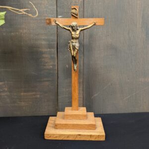Smaller Size Oak & Gold Coloured Metal Standing Table Cross Crucifix (SOLD)
