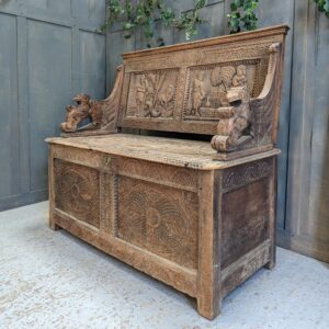 Unusual Antique Carved Oak 'Sumerian Scenes' Monks Bench with Slide Out Seat (SOLD)