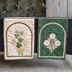 Pair of Vintage Embroidered Lectern Falls Green & Cream (SOLD)