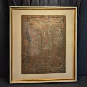 Framed Original Mid-Century Copper Etching Sgraffito Plaque of the Crucifixion (SOLD)