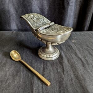 Ornate & Interesting Heavy Vintage Plated Brass Incense Boat with Spoon (SOLD)