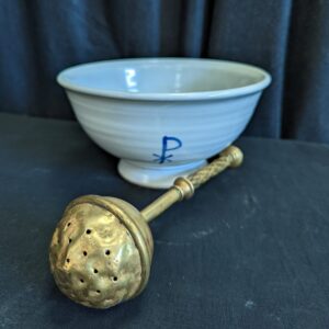 Very Well Used Brass Aspergillum Holy Water Sprinkler with Blue White Chi-Rho Holy Water Vat (SOLD)