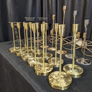 Job Lot of 24 Candlesticks Candleholders in Dark Steel & Brass & Chrome Coloured Metal (SOLD)