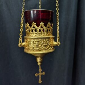 Small Gold Coloured Metal Hanging Sanctuary Lamp with Red Glass Holder (SOLD)