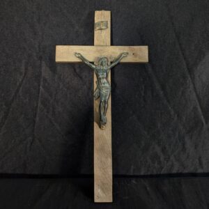 Simple Heavy Antique Hardwood & Spelter Wall Crucifix (SOLD)