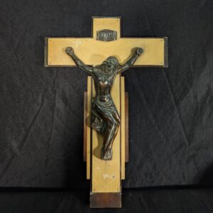 Striking French 1950's Art Deco Teak Ply & Metal Larger Wall Crucifix (SOLD)