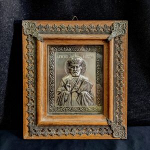Contemporary Metal & Wooden Greek Icon of St Nicholas (SOLD)