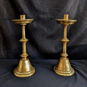 Good Quality Gothic Style Victorian Heavy Brass Church Altar Candlesticks with Conical Bases (SOLD)