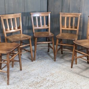 Set of 5 Attractive Dark Beech Slatback Church Chapel Chairs with Shaped Seats (SOLD)