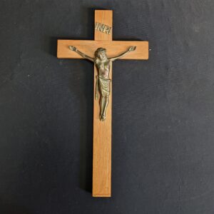 Small French Oak & Gold Spelter Crucifix with INRI Plaque