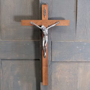 Medium Sized Italian Oak & Pewter Coloured Metal Hanging Crucifix (SOLD)