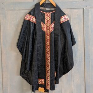 Excellent Black Damask Chasuble with Gold & Purple Orphrey Bullions IHS & Stole (SOLD)