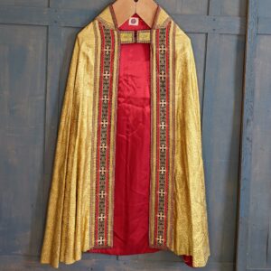 Quality Gold Damask Brocade Cope with Heavy Bullion Chi Rho/Alpha Omega Applique & Tassel (SOLD)