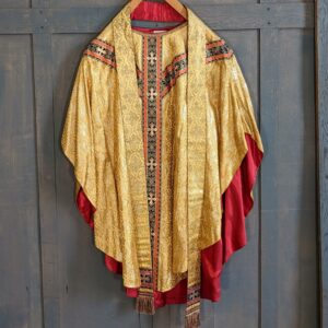 Gold Damask Brocade Chasuble with Red Orphrey Bullion IHS Applique & Stole (SOLD)