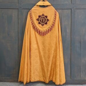 Sunshine Yellow Damask Cope with Thick Burgundy IHS Applique & Fringing (SOLD)