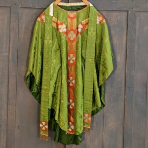 Lustrous Green Silk Damask Chasuble with Brown Y Orphrey with Silver Cannetille & IHS Applique & Stole (SOLD)