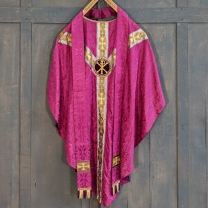 Lovely Purple Silk Damask Chasuble with Green & Grey Y Orphrey Heavy Chi Rho Applique & Stole (SOLD)