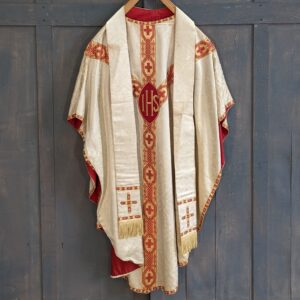 Cream Damask Chasuble with Red Celtic Cross Y Orphrey & Stole PROJECT (SOLD)