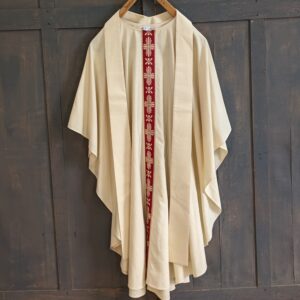 High Quality Modern Belgian Cream Chasuble with Red/Gold Orphrey & Stole (SOLD)