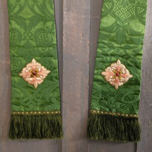 Beautiful Green Silk Damask Stole with Embroidered Applique & Fringe (SOLD