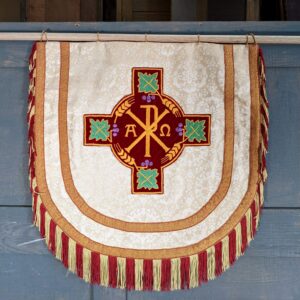 Chi-Rho Crimson Applique with Grape & Wheat Imagery Cream Damask Banner Hanging Cope Panel (SOLD)