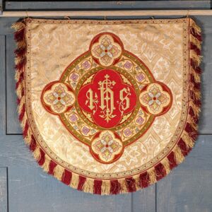 Gorgeous Foliate Heavy 'IHS' Applique Embroidered Cream Damask Hanging Banner Cope Panel (SOLD)