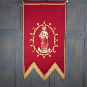 Vintage Red Silk Embroidered Jesus Bullion Hanging Banner (SOLD)