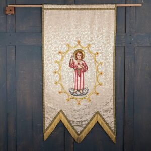 Vintage Embroidered Christ Child Silk & Bullion Applique Cream Damask Hanging Banner (SOLD)
