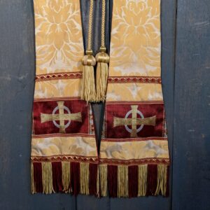 Attractive Antique Damask Cream & Burgundy Stole with Tassels (SOLD)
