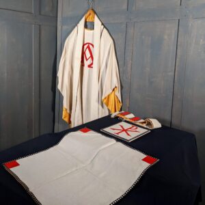 Mid Century Cotton & Silk Lined Chi Rho Alpha/Omega Chasuble with Veil Stole & Burse (SOLD)