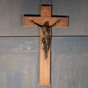 Modern German Oak & Gold Coloured Metal Convent Crucifix Medium Size (SOLD)