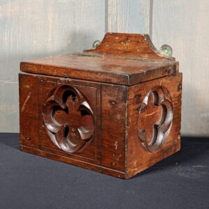 Antique Gothic Carved Church Collection Box with Quatrefoils (SOLD)