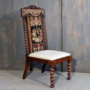Antique 19th Century Walnut Prie Dieu Prayer Chair with Floral Embroidered Back & Barley Twist Columns (SOLD)
