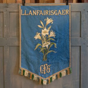 Vintage Blue Damask 'Llanfairisgaer' Gold Thread Lily Applique Cotton Banner Hanging (SOLD)