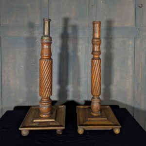 Unusual Nearly Large Matching Pair of Vintage Oak Church Candlesticks (SOLD)