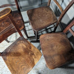 Harlequin Set of 4 Antique Dark Elm & Beech Church Chapel Chairs (SOLD)