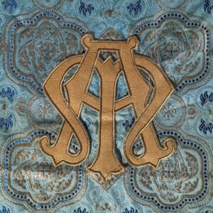 Long Vintage Humeral Veil Church Vestment in Blue & Gold with Alpha Omega Applique (SOLD)