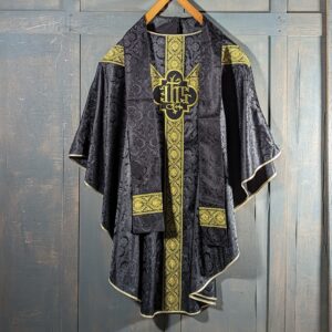 As New IHS Black Damask & Brocade Gold Orphrey Chasuble with Stole & Two Veil/Burse Sets (SOLD)