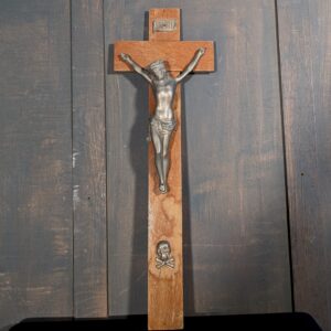 Unusual Narrow French Vintage Oak & Pewter Crucifix with Skull & Cross Bones (SOLD)