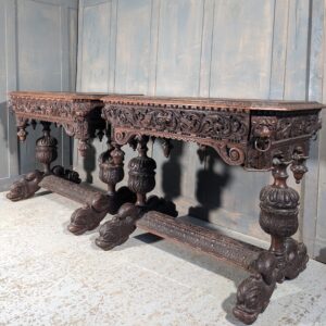 Two Spectacular Highly Carved Antique Baroque Style Oak Hall Tables with Drawers & Dolphin Feet (SOLD)