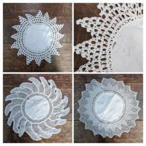 Three Embroidered Religious White Church Doilies Plant Mats (SOLD)