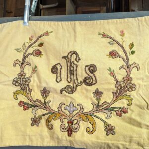 Long Vintage Embroidered 'IHS' Humeral Veil with Red/Gold Fringing (SOLD)