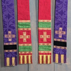 Pair of Silk Damask Vintage Stoles Red & Purple with Fringes (SOLD)
