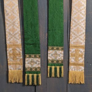 Pair of Silk Damask Vintage Stoles Green & Cream with Fringes (SOLD)